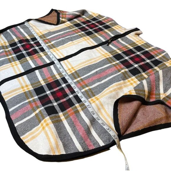 NWOT Nicole Miller Zip Front Poncho Cape Plaid Black Red Yellow Oversized S/M - Picture 10 of 14